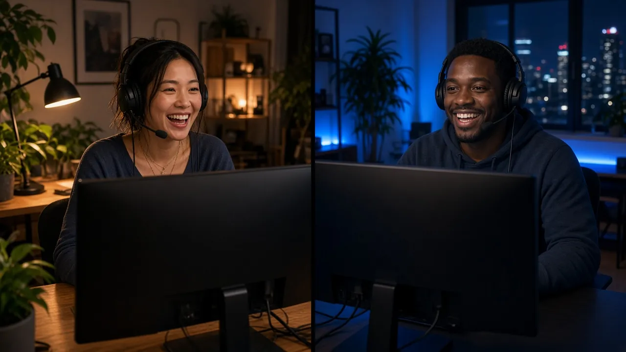 Two gamers in separate setups playing the same game together online