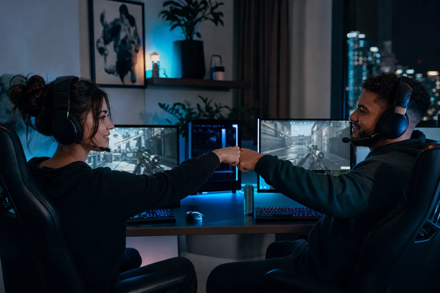 Two gamers playing a competitive match side by side