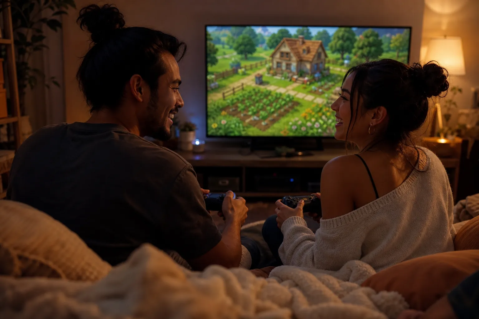 Two people cozy on a couch gaming together