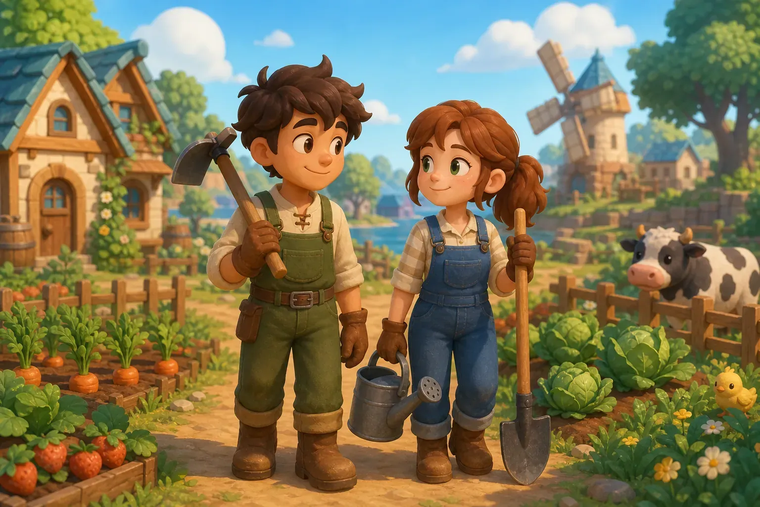 Two farmers sharing a cozy village life