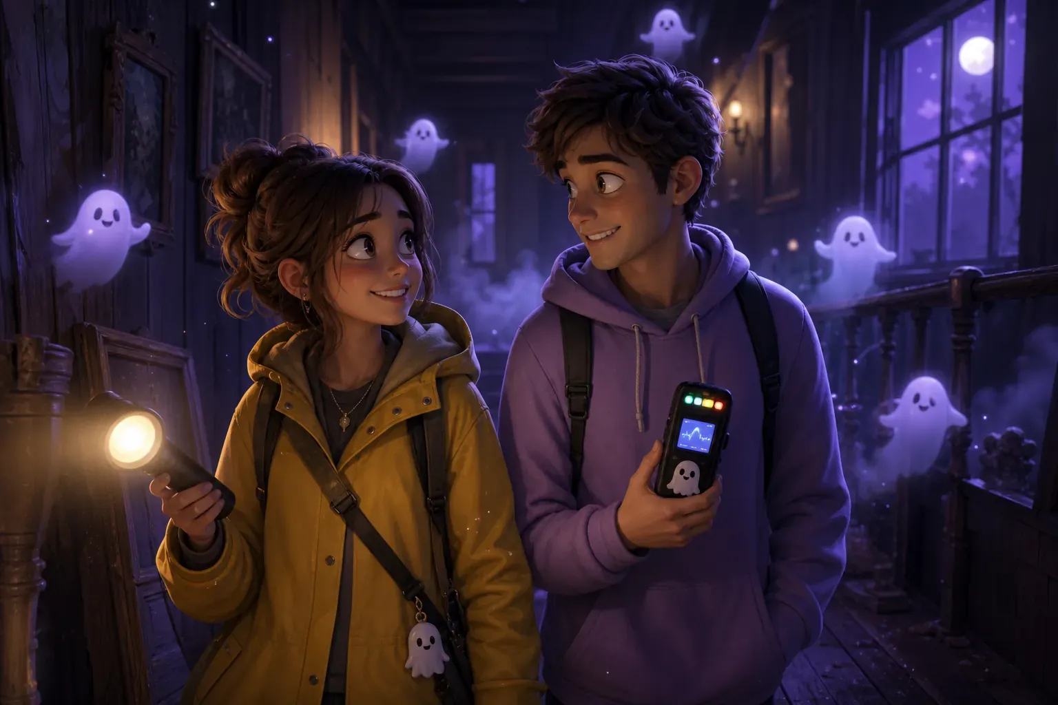 Two friends ghost-hunting in a cute haunted hallway
