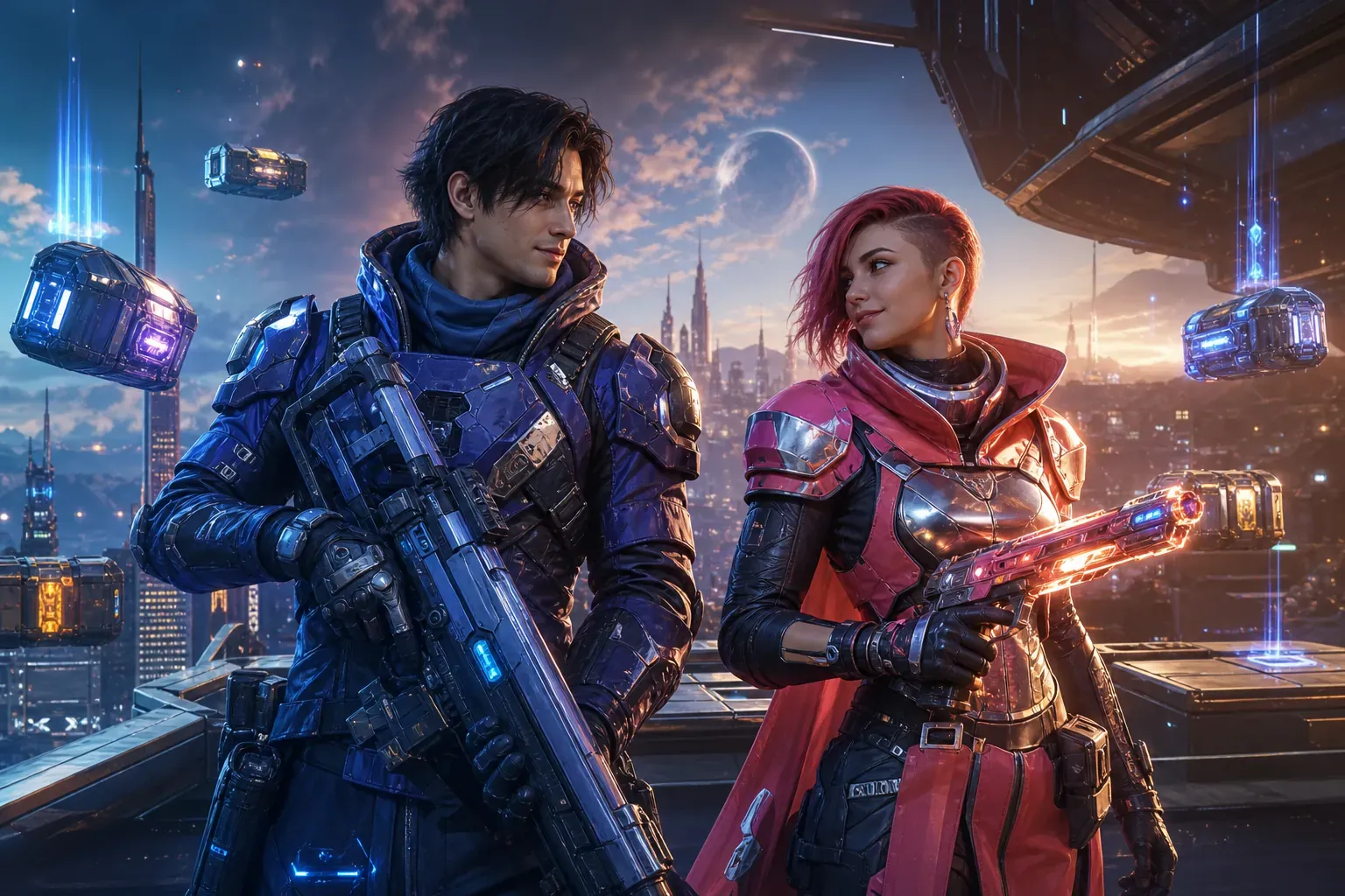 Two sci-fi operators on a neon space overlook