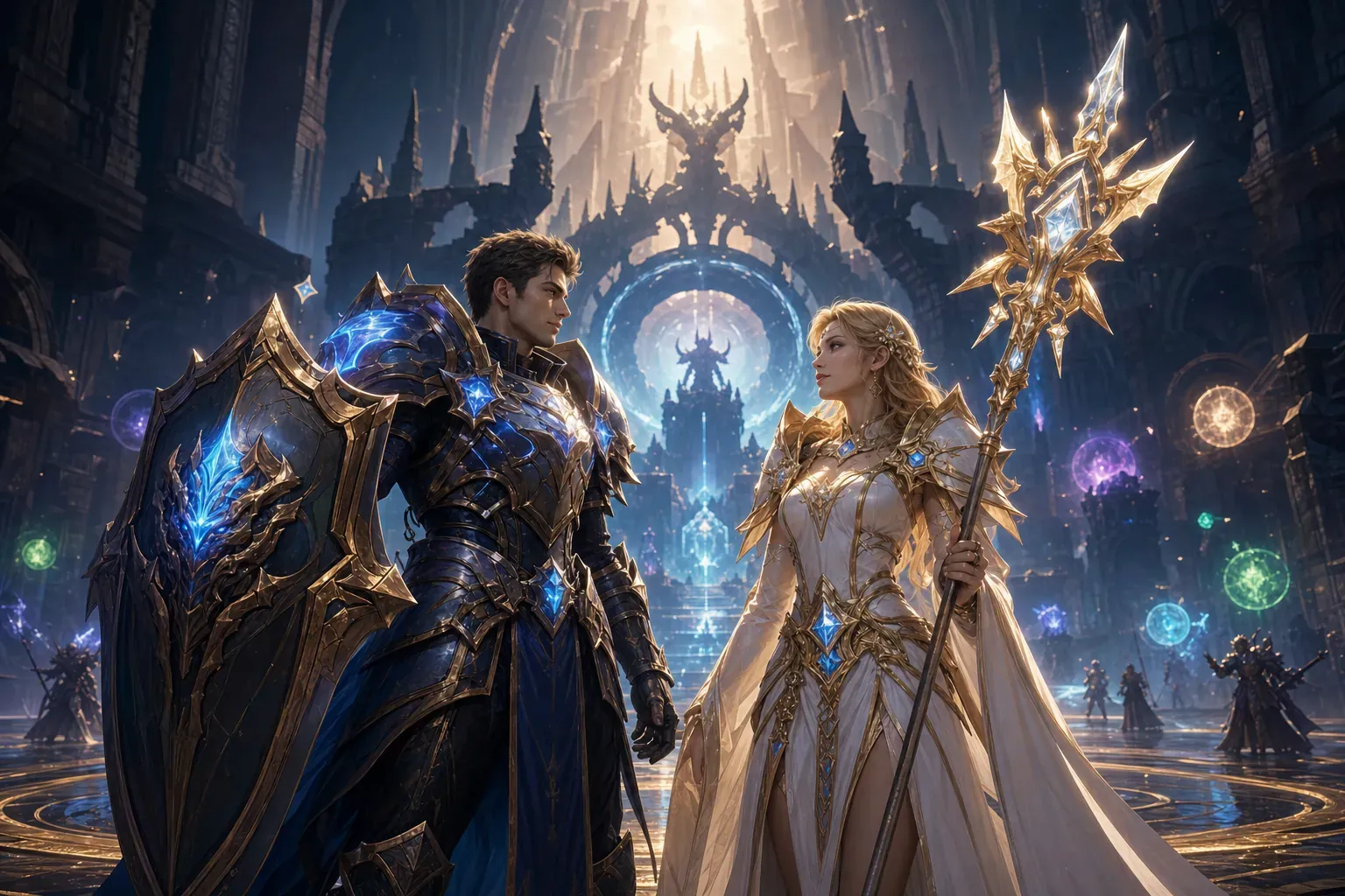 Two raiders ready at a glowing MMO dungeon portal