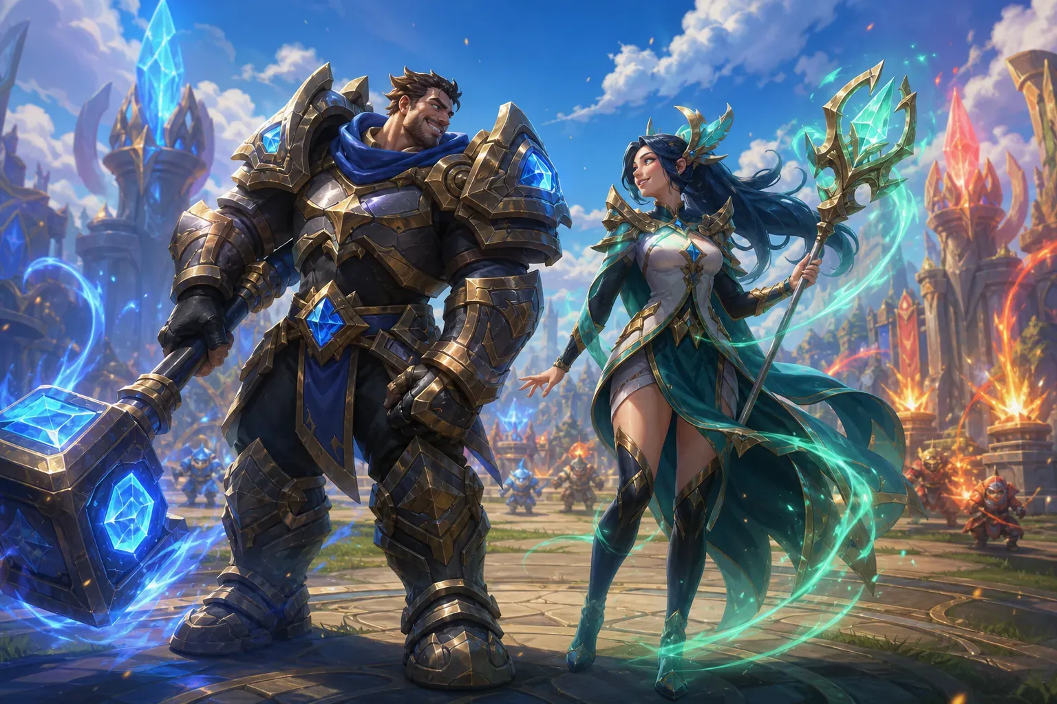 Two MOBA heroes standing together in an arena