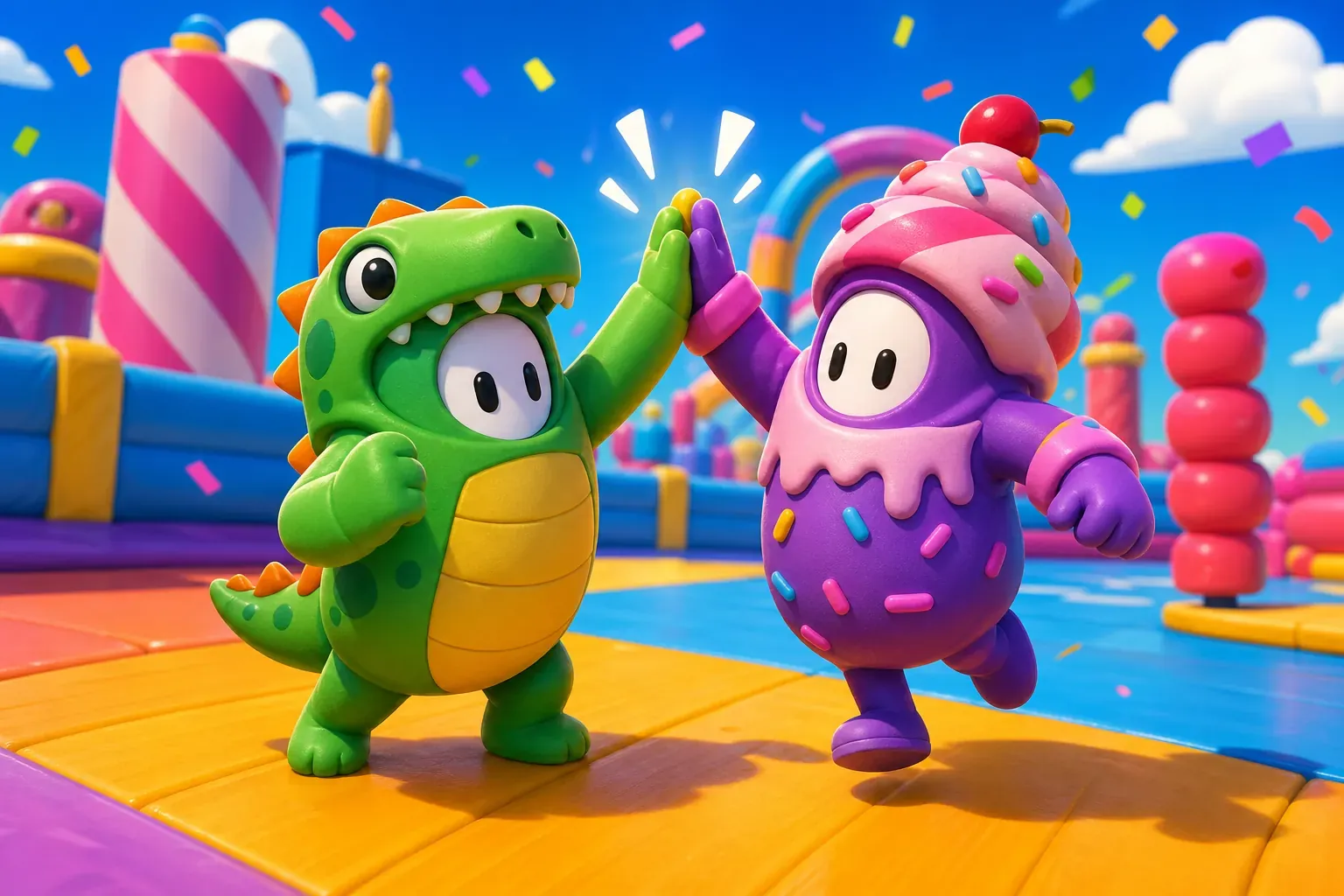 Two colorful party-game avatars celebrating together